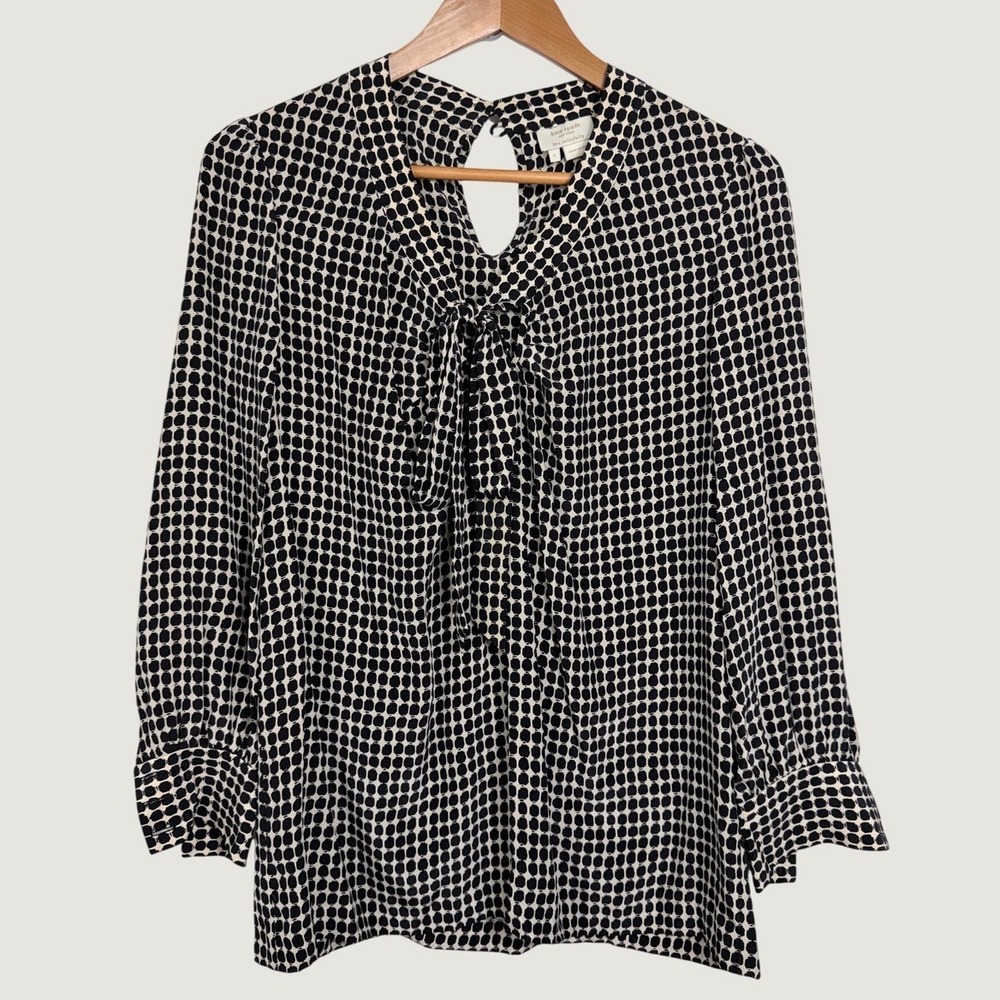 Kate Spade Silk Blouse S Black Cream Geometric Tie Neck Long Sleeve Top